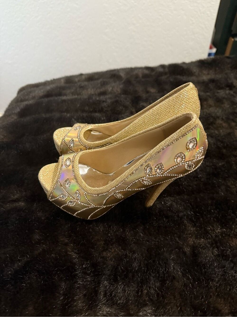 Delicacy gold beaded sequin high heels shoes glitter 8.5